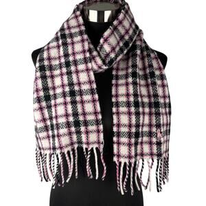 Ralph Lauren Blue Label Pink Black White Plaid Scarf Lambswool Fringe Made Italy